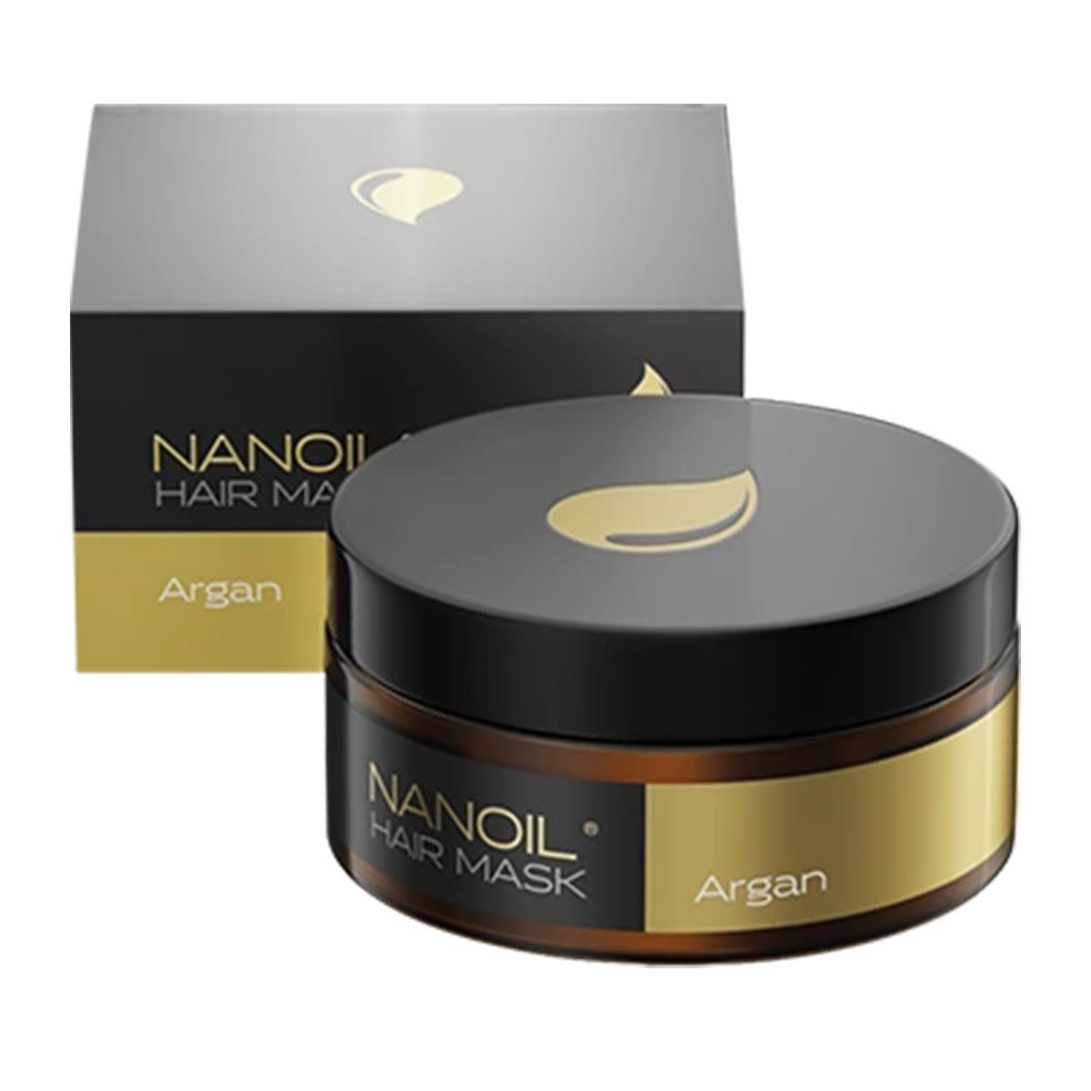 Nanolash Haarmasker Argan met omdoos. Bruine pot met zwart deksel en gouden band.