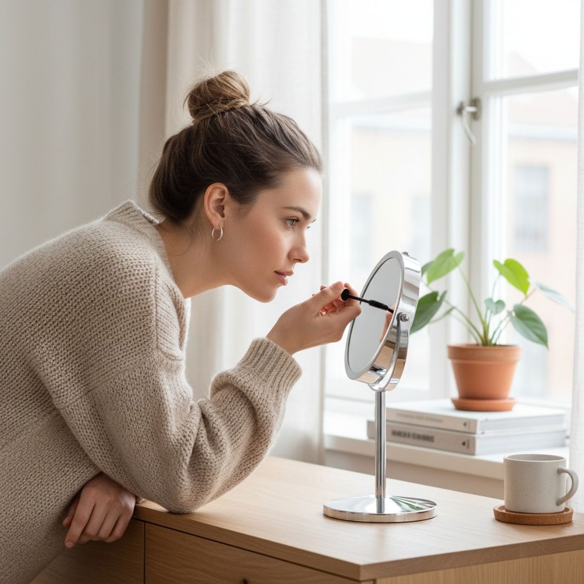 Une femme utilise un miroir de maquillage éclairé avec un anneau lumineux LED.