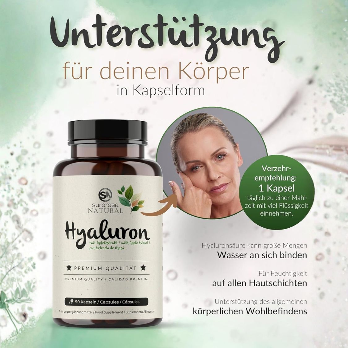 Fles Surpresa Natural Hyaluron capsules met appel-extract. Ondersteuning voor het lichaam.