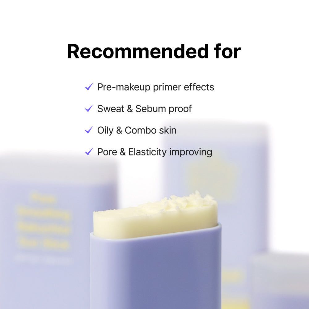 Gros plan du stick solaire. Texte : Pore Smoothing Bakuchiol Sun Stick. Recommandé pour : Pré-maquillage, résistant à la sueur, peau grasse.