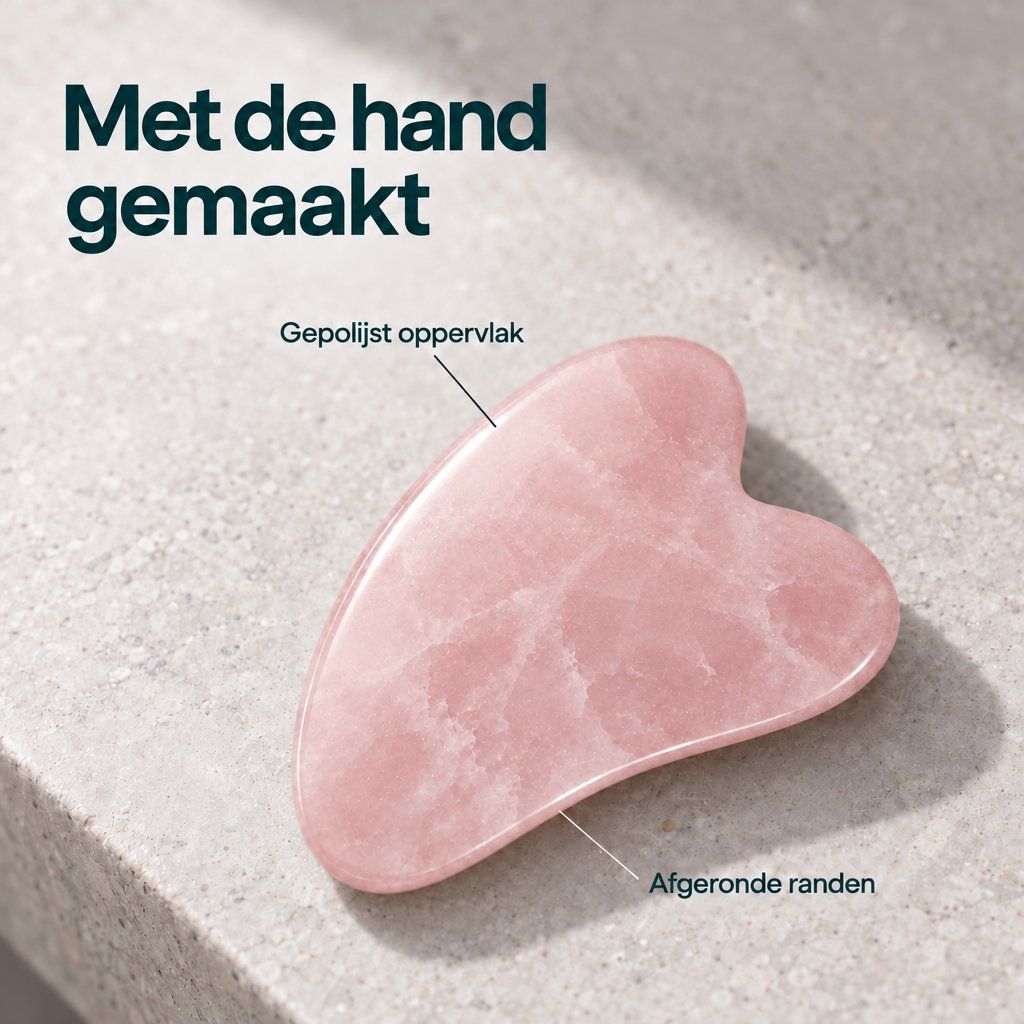 Een roze hartvormige Gua Sha steen, gepolijst oppervlak en afgeronde randen.