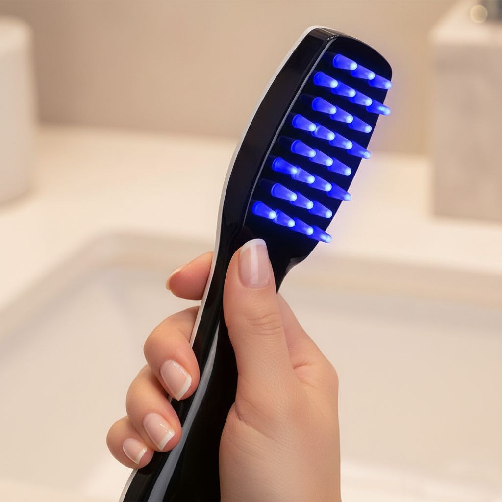 Brosse à cheveux avec lumières bleues. La main tient la brosse devant un lavabo. Manche noir, points lumineux bleus.