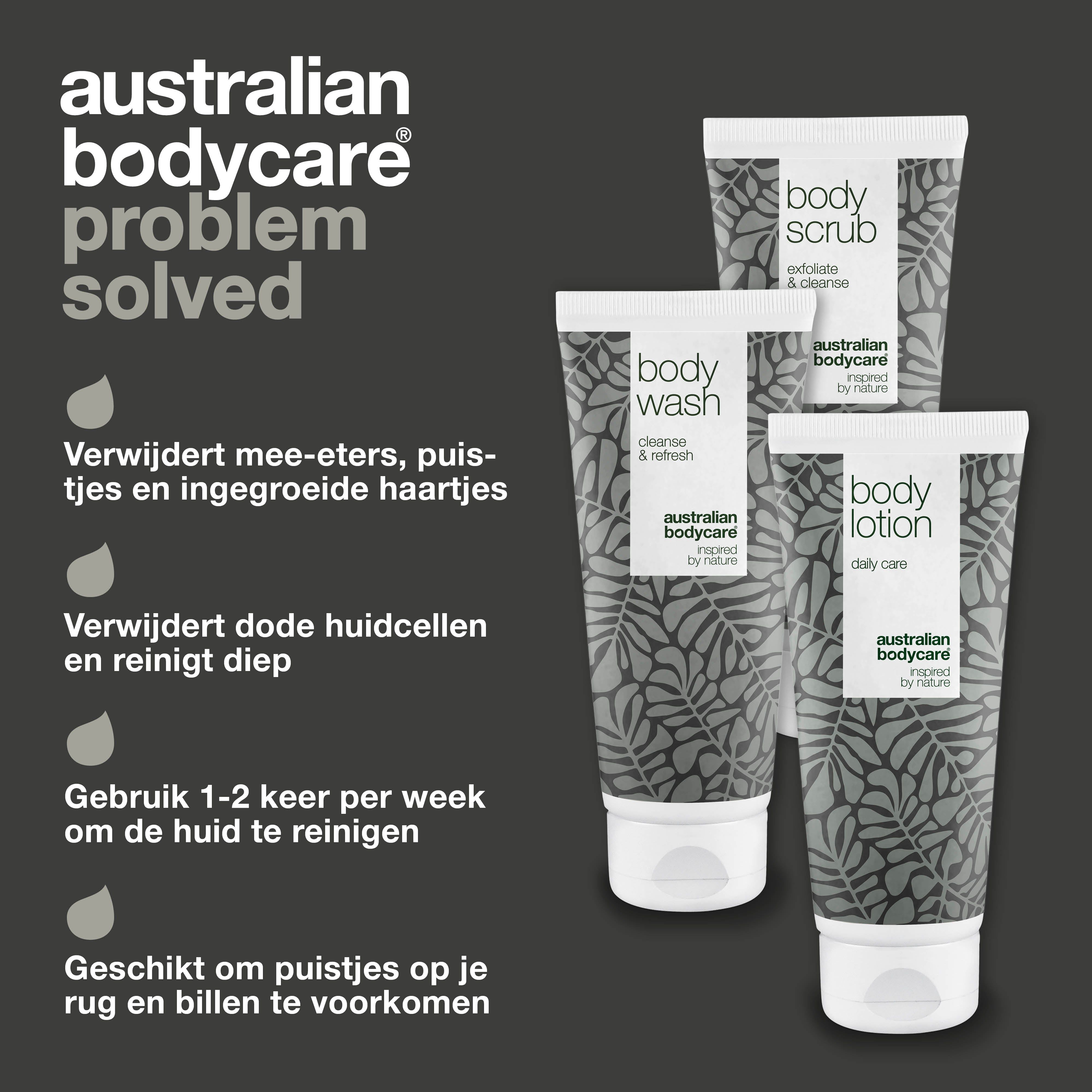 Body Wash, Body Scrub en Body Lotion. Tekst: « Verwijdert mee-eters, puistjes en ingegroeide haartjes ». Merk: Australian Bodycare.