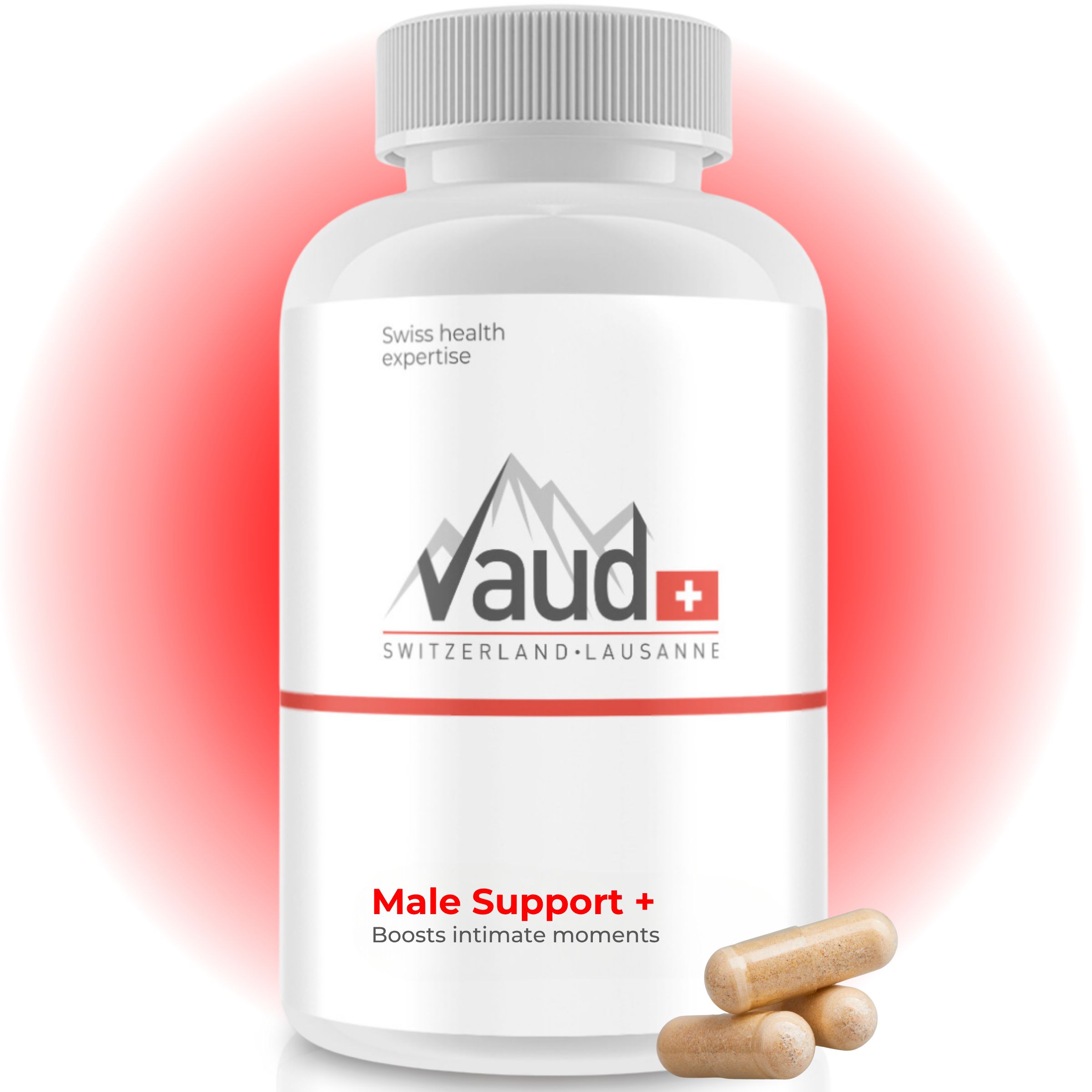 Flacon blanc avec capsules. Inscription : Vaud, Male Support +. Expertise suisse en santé.