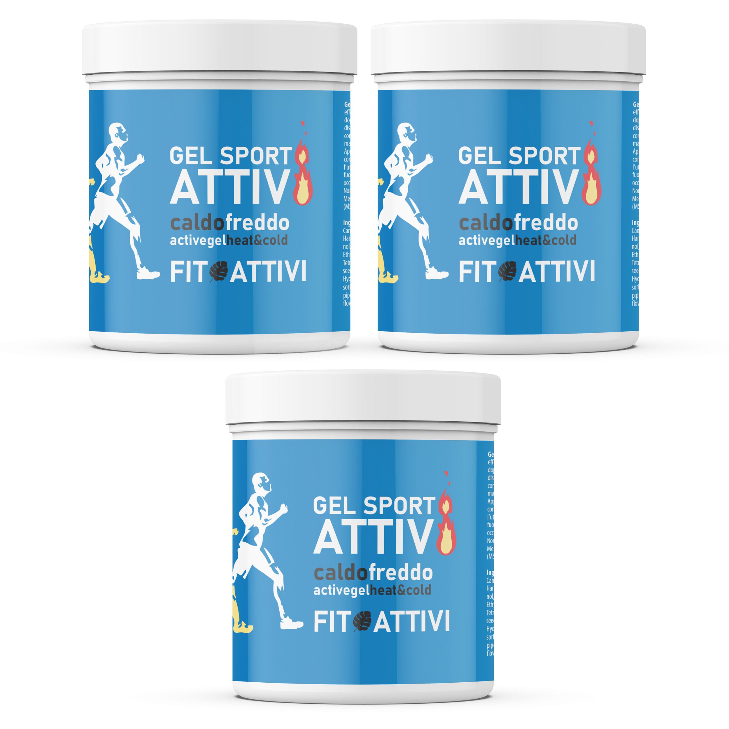 Trois pots ronds avec étiquette bleue. Inscription : GEL SPORT ATTIVI, caldo freddo, activegel heat&cold, FIT ATTIVI. Illustration d'un coureur.