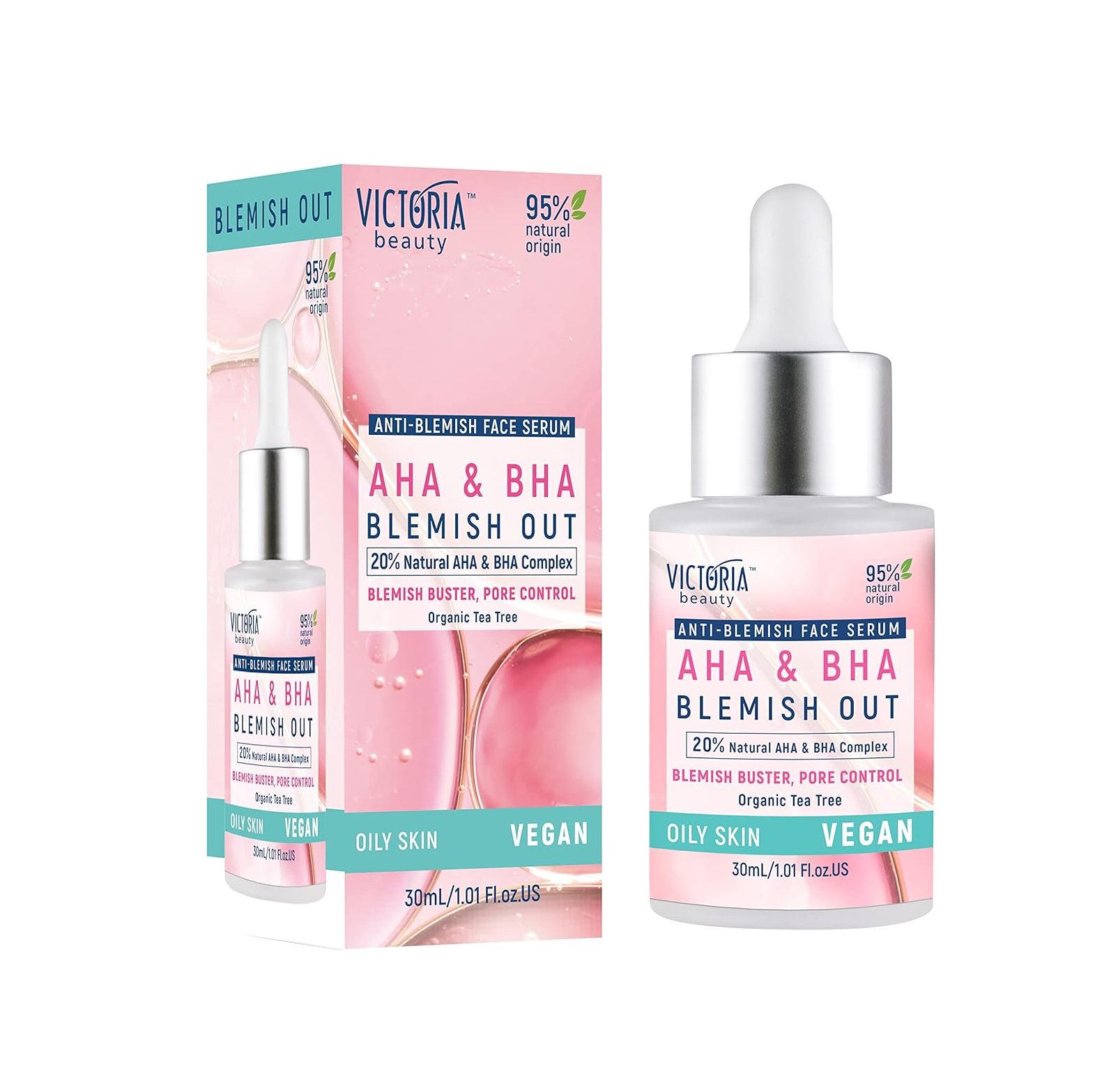 Serumfles en verpakking. Opschrift: AHA & BHA Blemish Out. Fles met pipet, daarnaast verpakking.