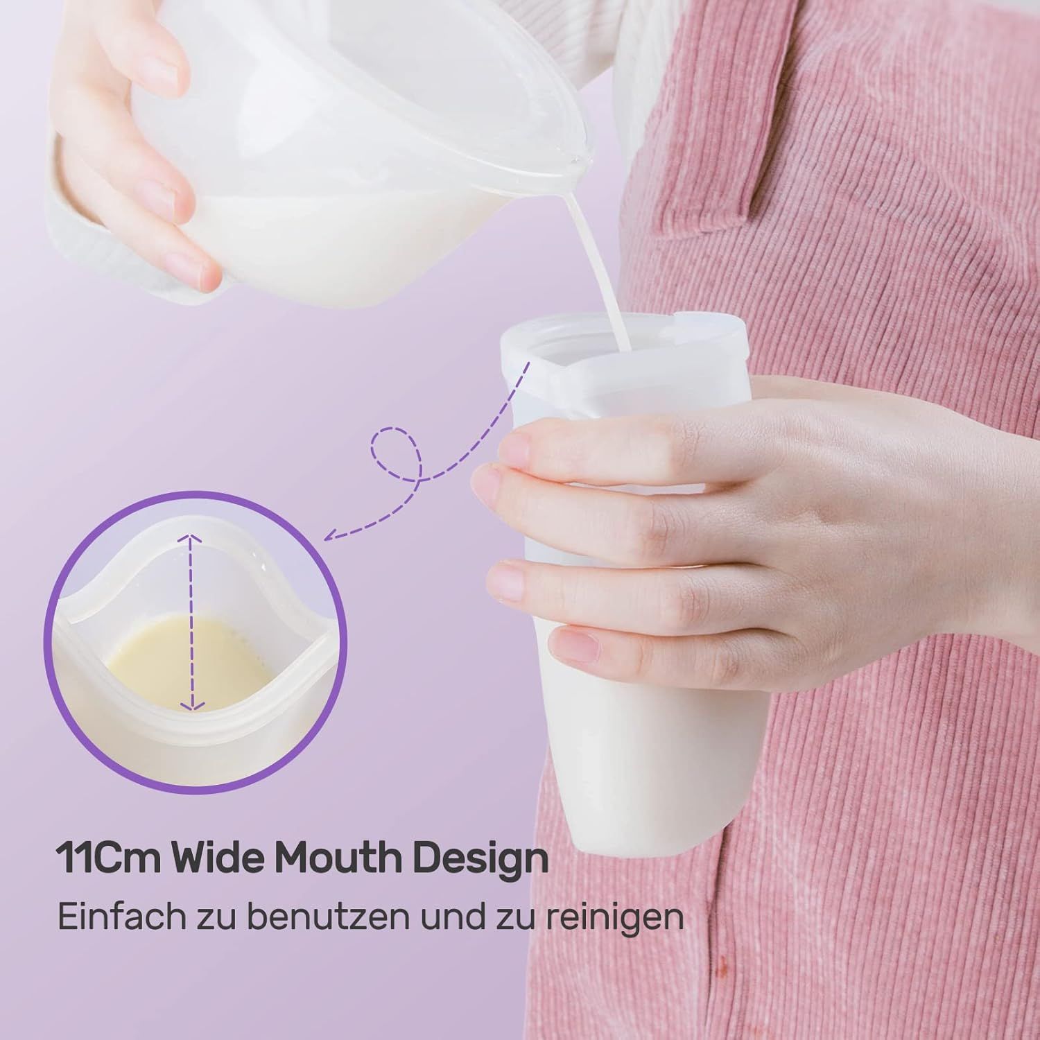 Du liquide est versé dans un sac réutilisable pour lait maternel. Gros plan sur l'ouverture large.