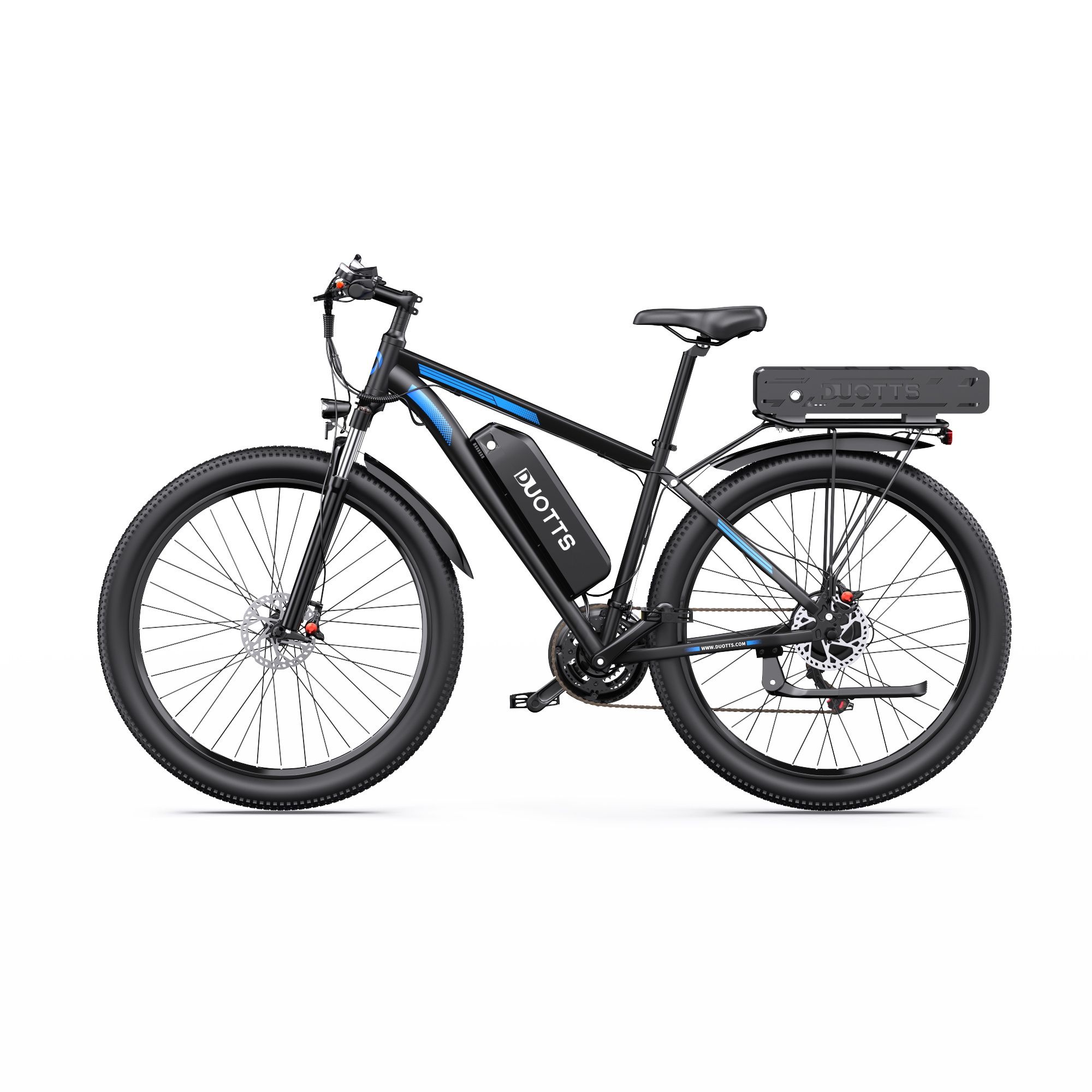 Zwarte e-bike met blauwe accenten. DUOTTS-logo, dubbele batterij, Shimano 21 versnellingen. Zijaanzicht, witte achtergrond.