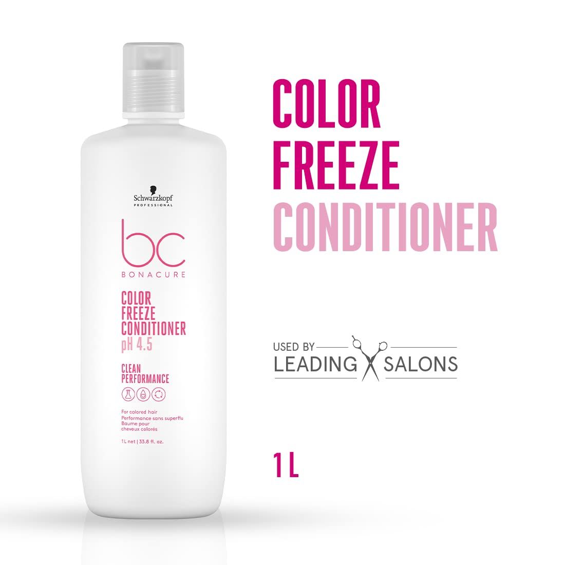 Witte fles "COLOR FREEZE CONDITIONER". Tekst: "USED BY LEADING SALONS" en "1 L". Merk Schwarzkopf BC Bonacure.