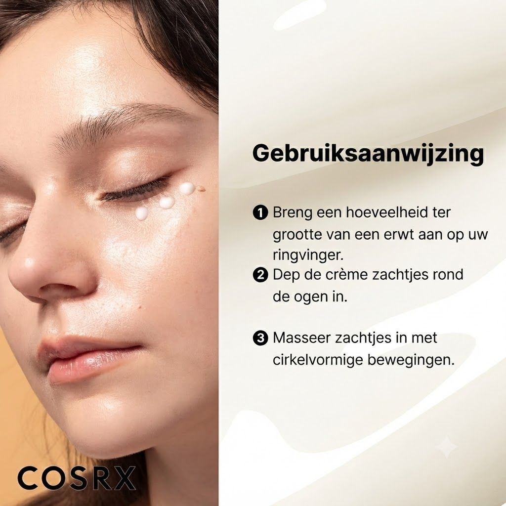Vrouw brengt oogcrème aan, gebruiksaanwijzing.