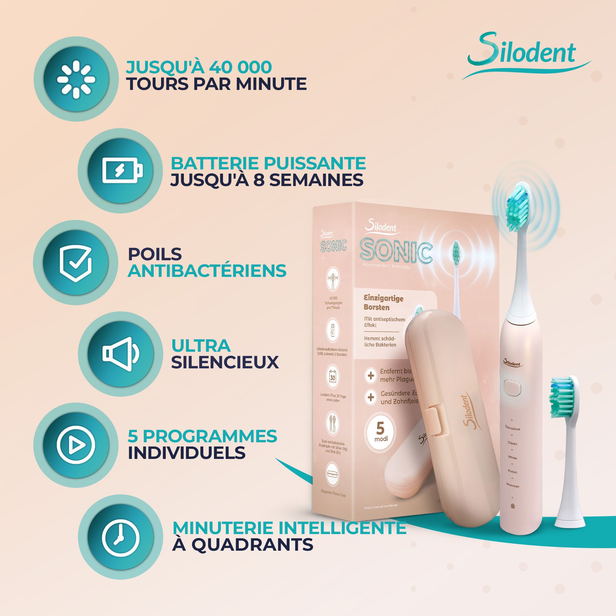 Brosse à dents sonique Silodent rose avec étui de chargement, tête de brosse de rechange et informations produit.