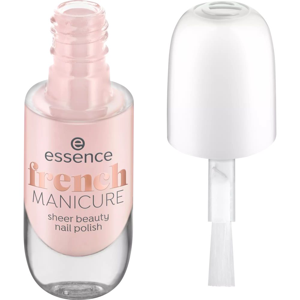 Nagellakflesje met open dop en kwastje. Opschrift: essence french manicure sheer beauty nail polish.