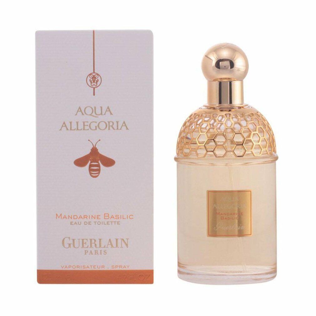 Flacon de parfum et emballage. Flacon avec bouchon doré et motif en nid d'abeille. Emballage avec inscription Aqua Allegoria et abeille.