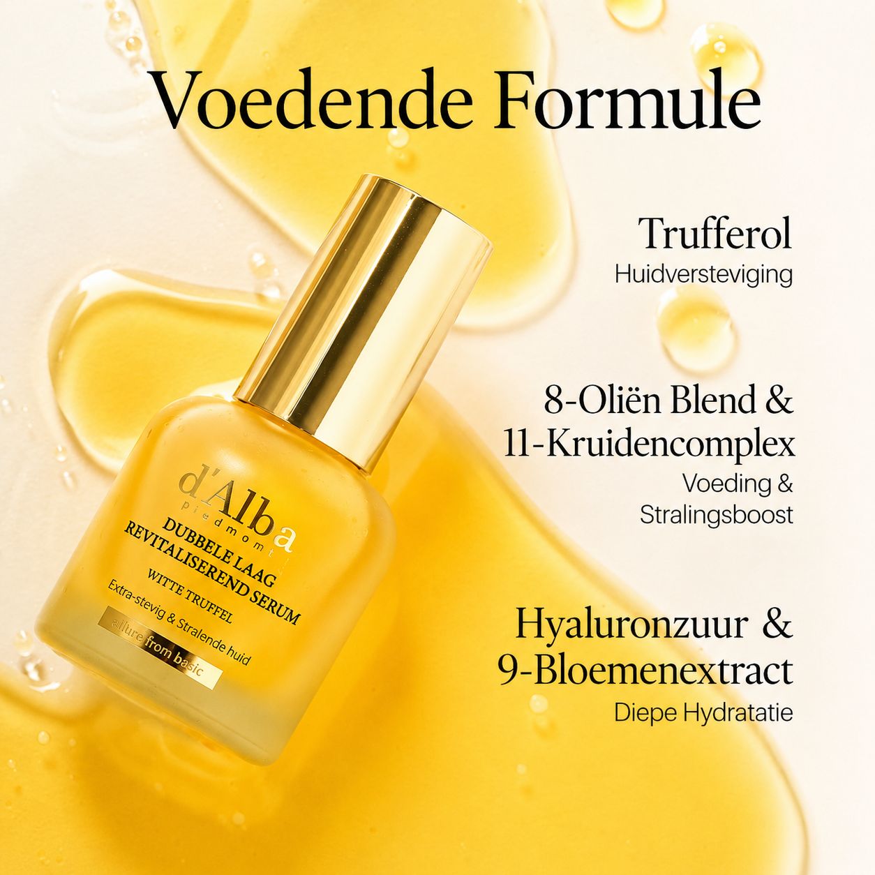 Gouden pipetfles met geel serum. Tekst: 'd'Alba', 'Dubbele Laag Revitaliserend Serum', 'Witte Truffel'.