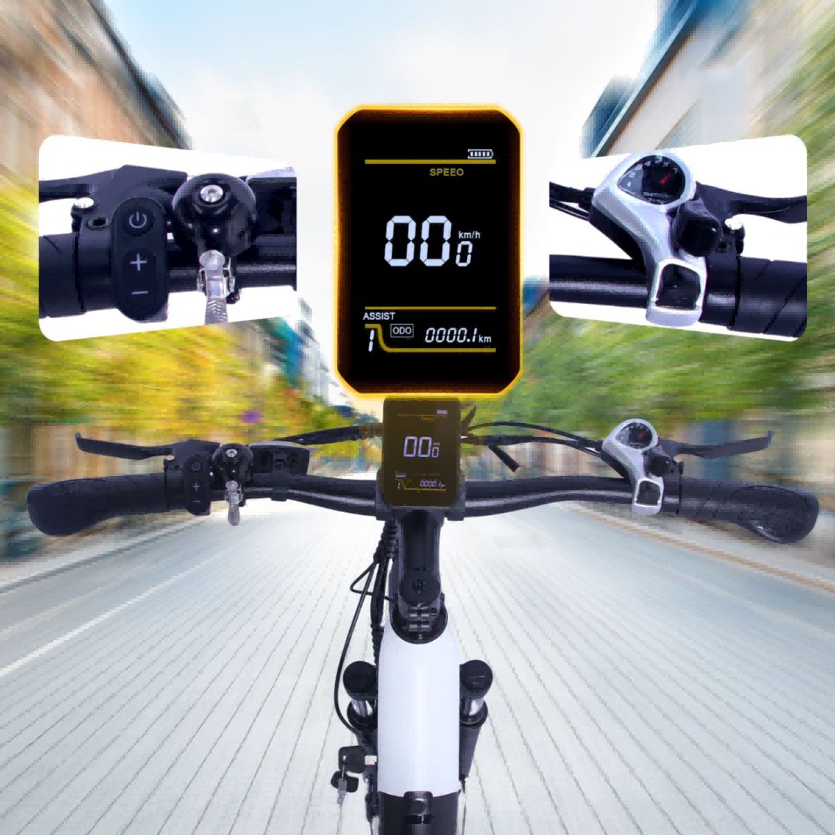 Close-up van het stuur van de fiets met display. Snelheid en assistentieniveau worden weergegeven.