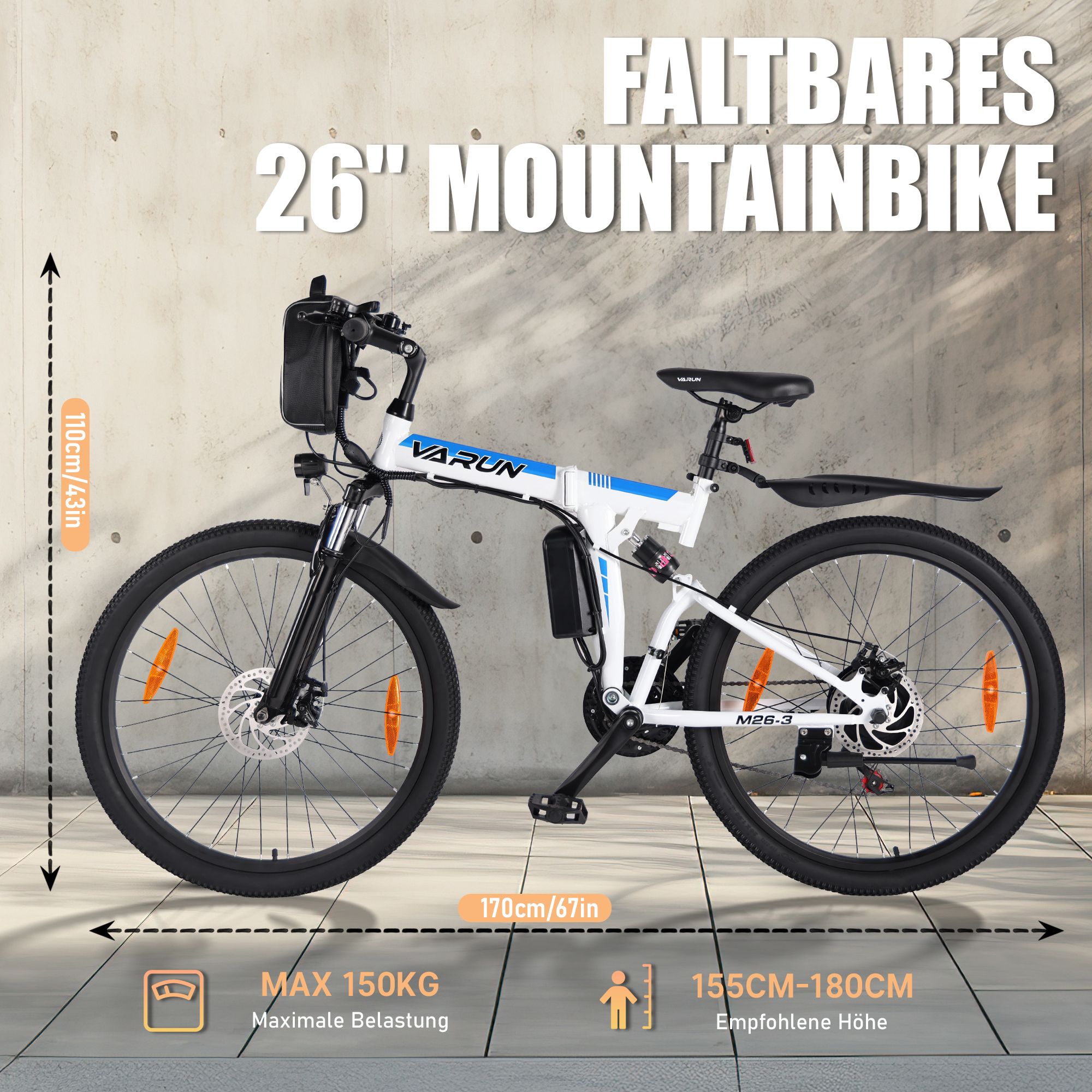 VTT pliable 26". Dimensions: 170cm/67in, 110cm/43in. Charge max. 150KG, hauteur recommandée 155-180cm.