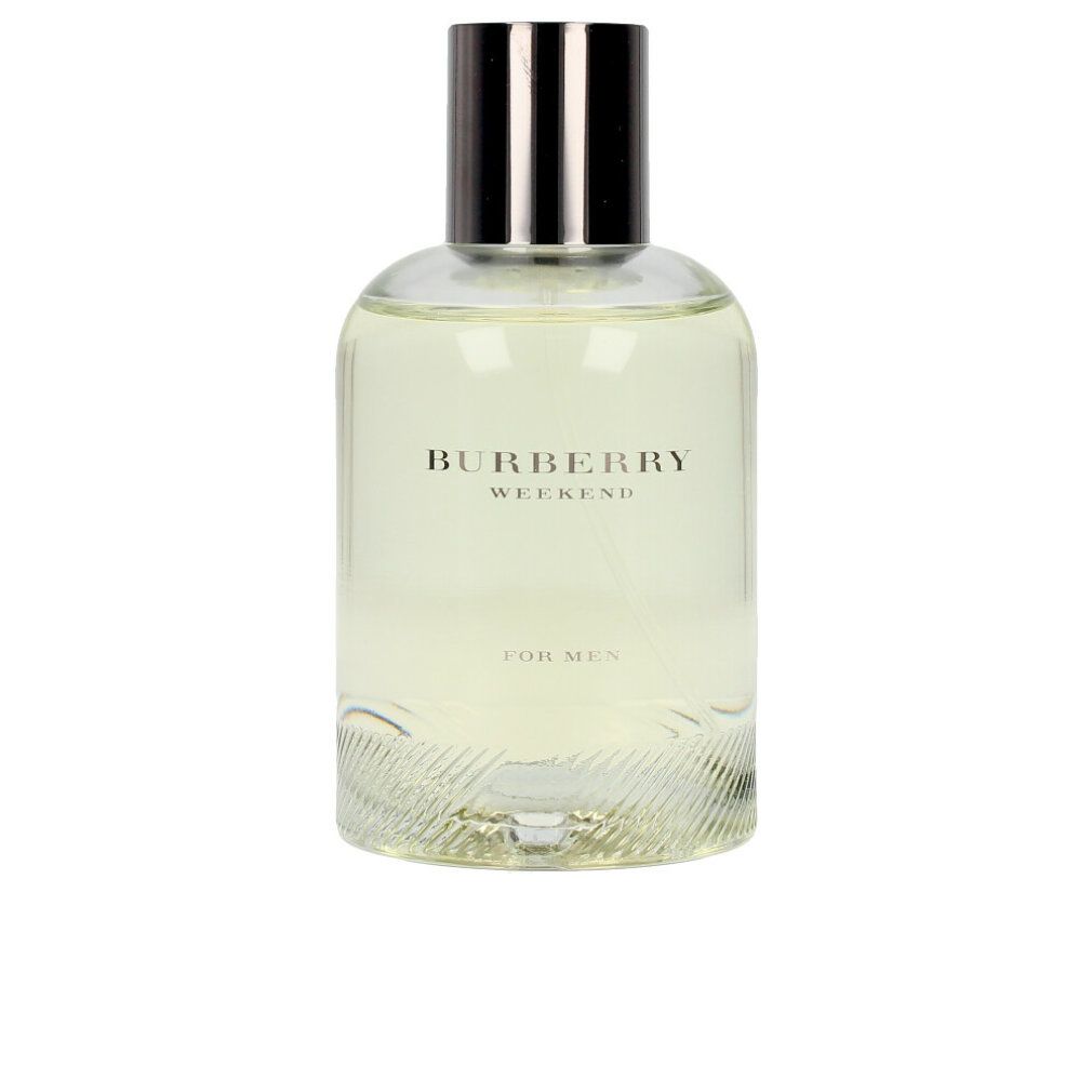 Burberry Weekend fles. Transparante fles met zilveren dop. Opschrift 'Burberry Weekend' en 'FOR MEN'.