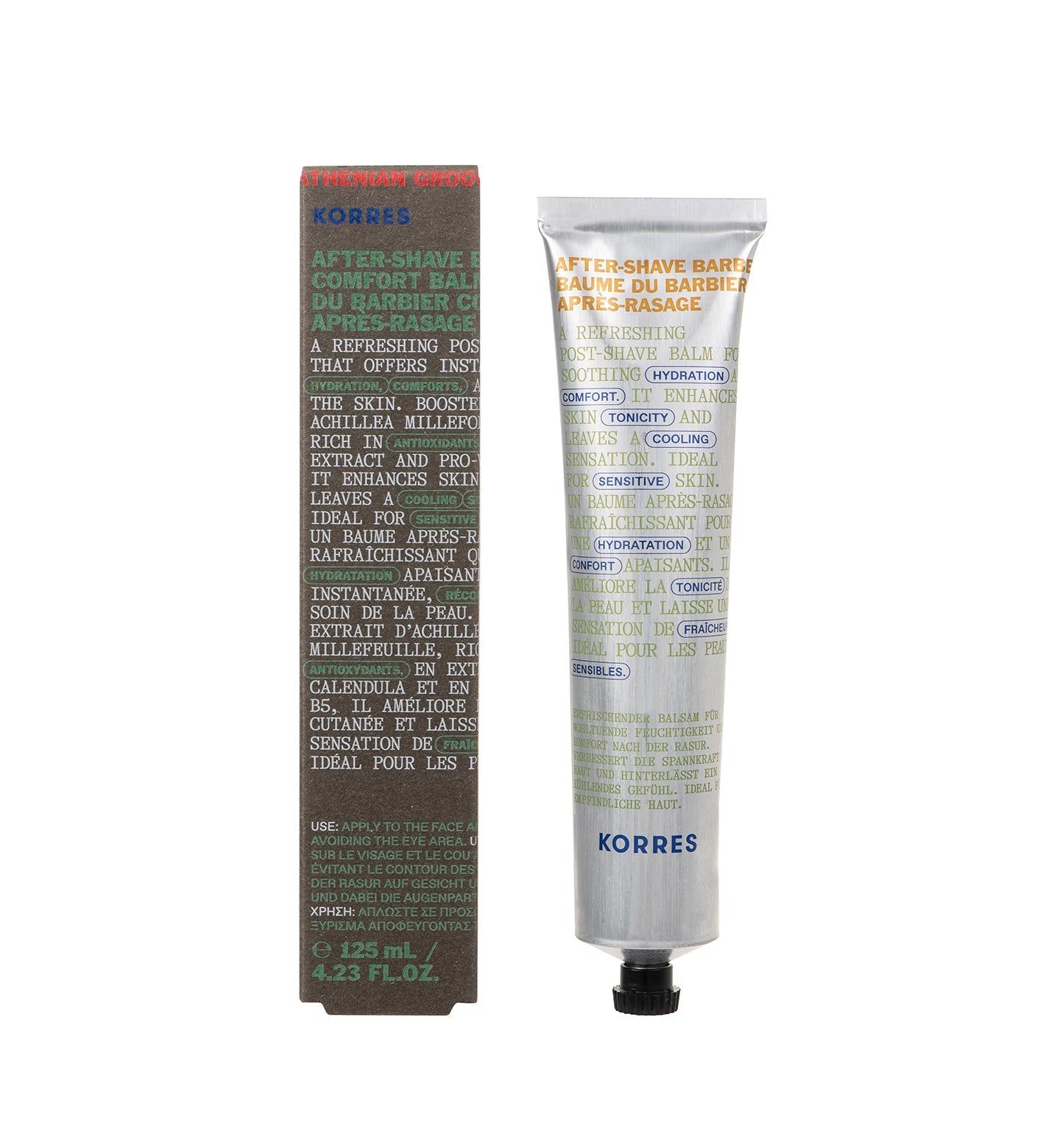 KORRES After-Shave Balsam in tube en verpakking. Tekst in het Engels en Frans. Groen-bruine verpakking, zilveren tube.