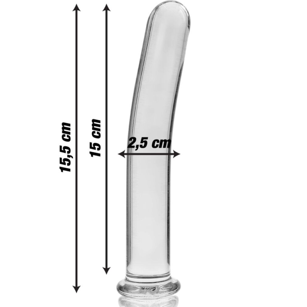 Dildo en verre borosilicaté, modèle 9, transparent. Dimensions : longueur totale 15,5 cm, longueur utile 15 cm, diamètre 2,5 cm.