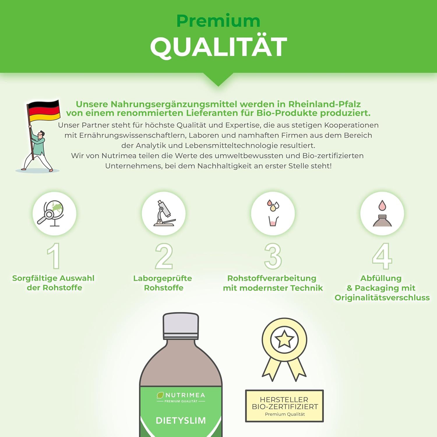 Graphique avec 4 étapes. Bouteille avec étiquette. Texte: Qualité Premium. Fabricant certifié bio.
