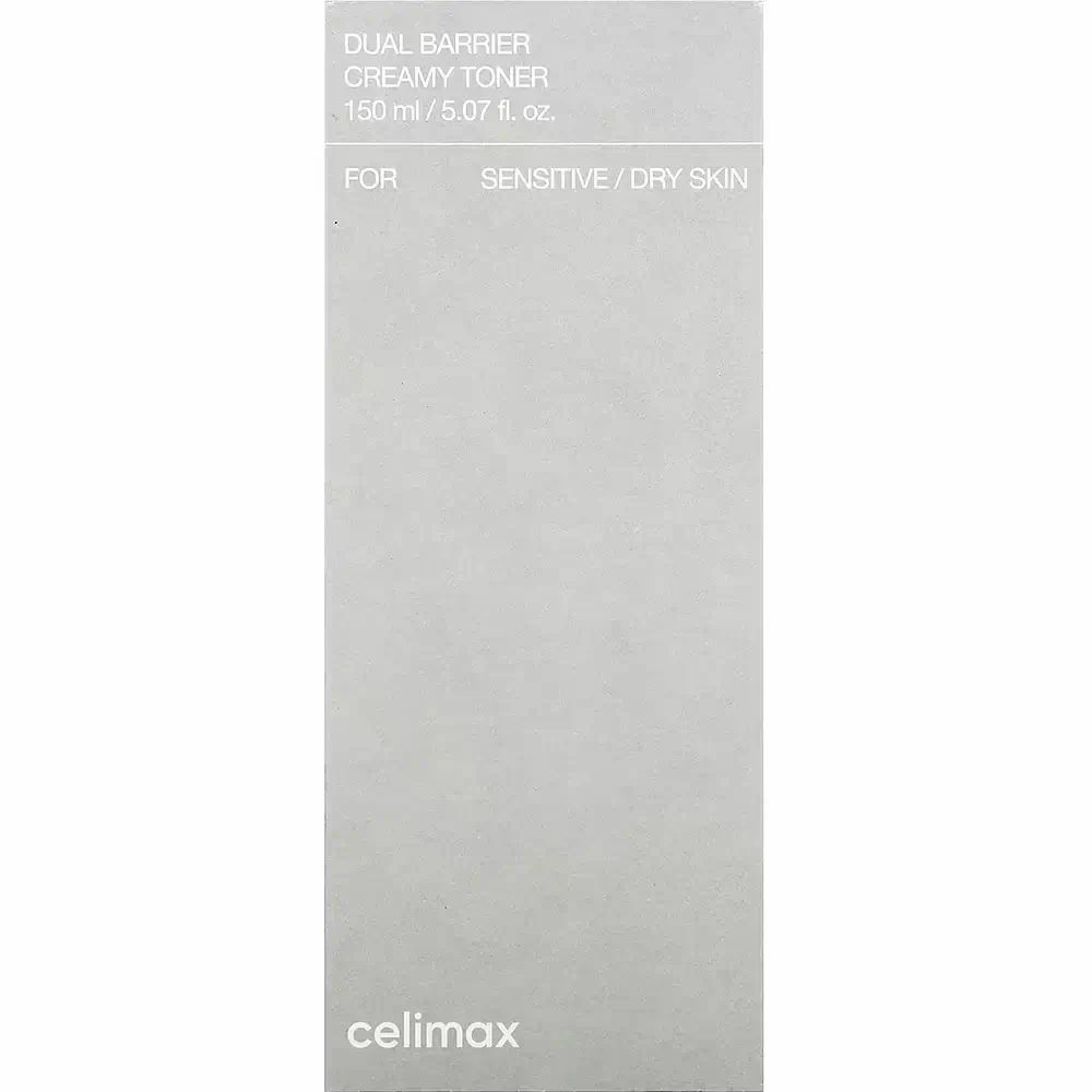 Emballage gris avec texte blanc. Inscription: Dual Barrier Creamy Toner. Marque: celimax.