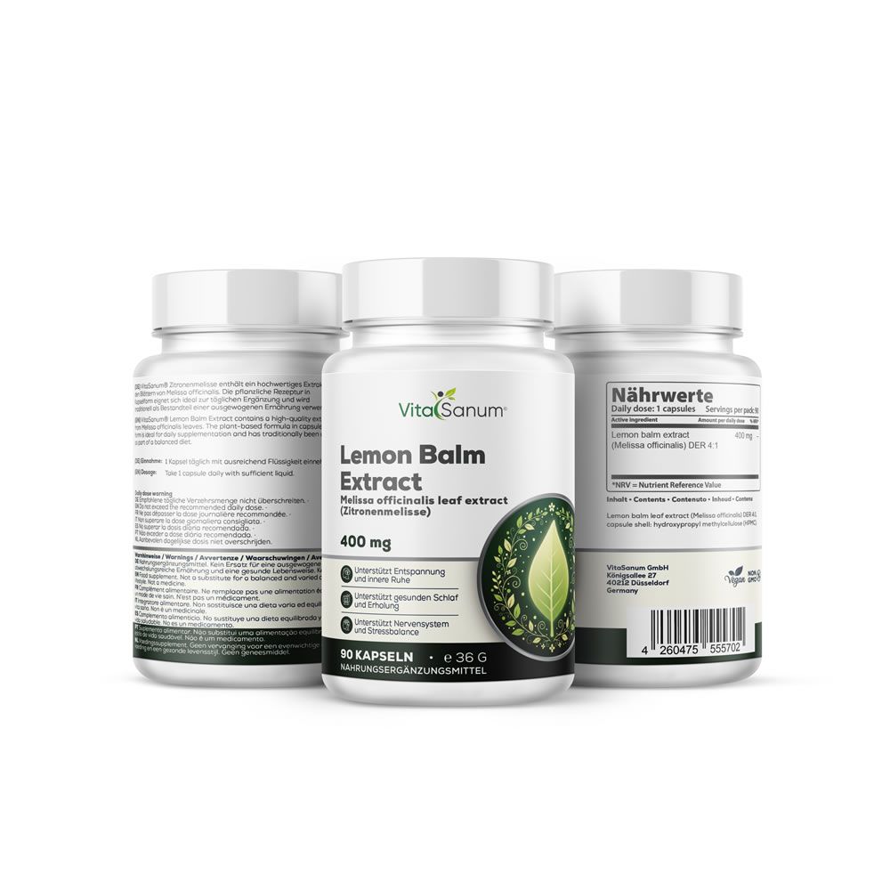 Trois flacons blancs avec étiquettes. Inscription: VitaSanum, Lemon Balm Extract, 400 mg, 90 capsules. Illustration d'une feuille.