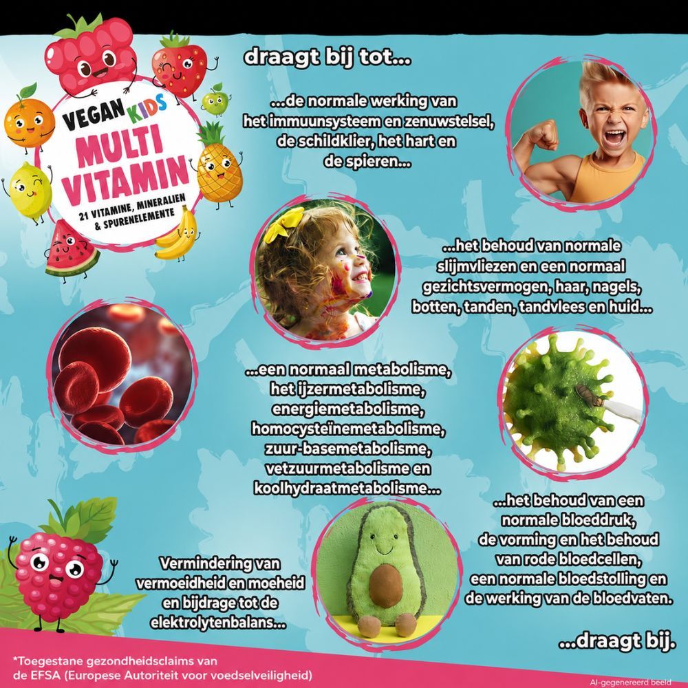 Infographic over de voordelen van NatureCraft Vegan Kids Multivitamines.