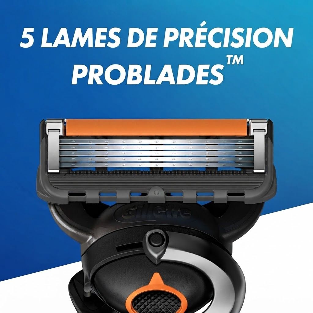Tête de rasoir avec cinq lames de précision et bande orange.