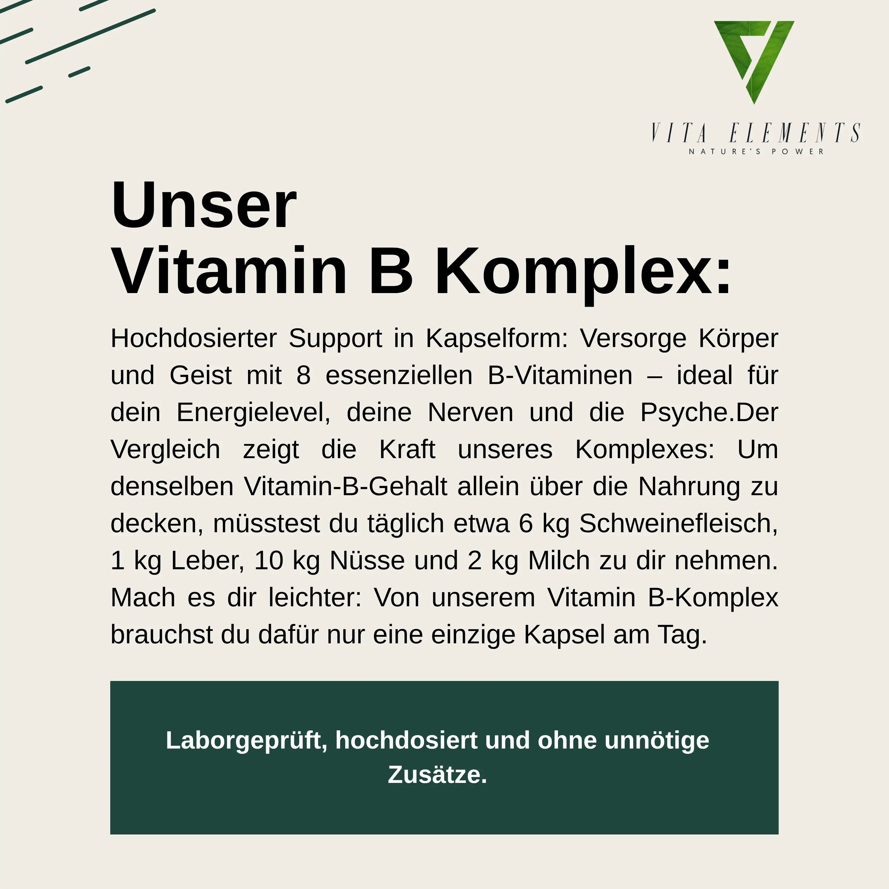 Informations textuelles sur Vita Elements Vitamin B Komplex, testé en laboratoire, haute dose et sans additifs inutiles.