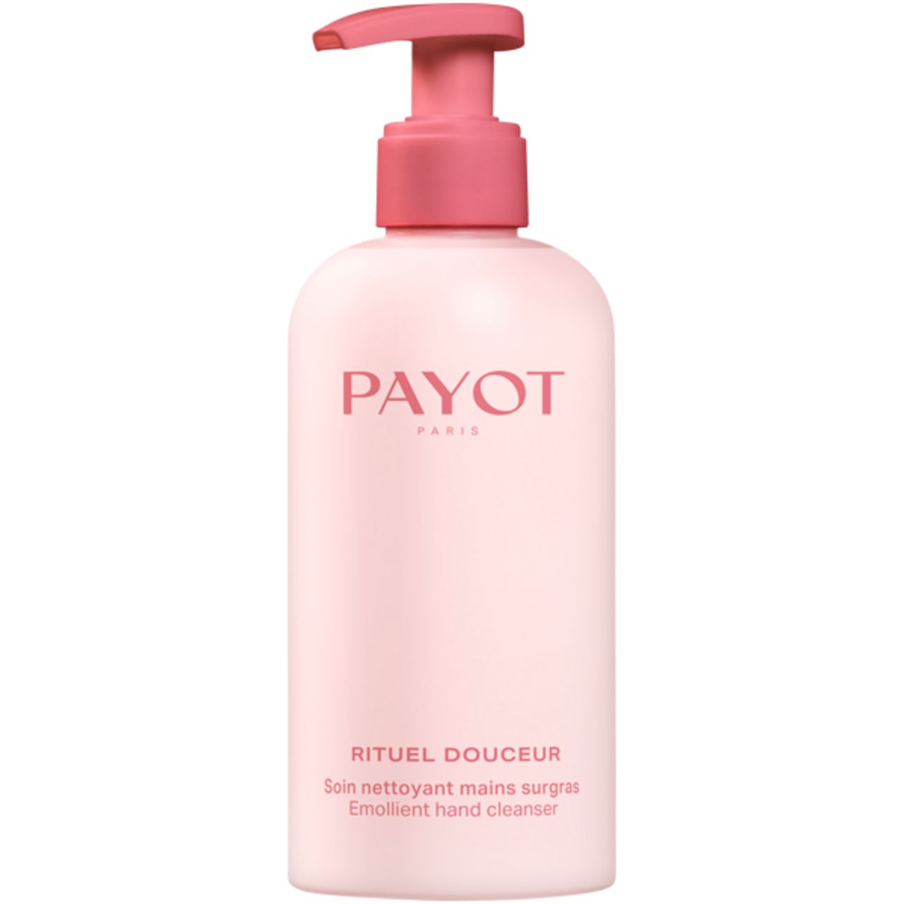 Flacon rose avec pompe doseuse. Inscription PAYOT PARIS, dessous RITUEL DOUCEUR, Soin nettoyant mains surgras, Emollient hand cleanser.