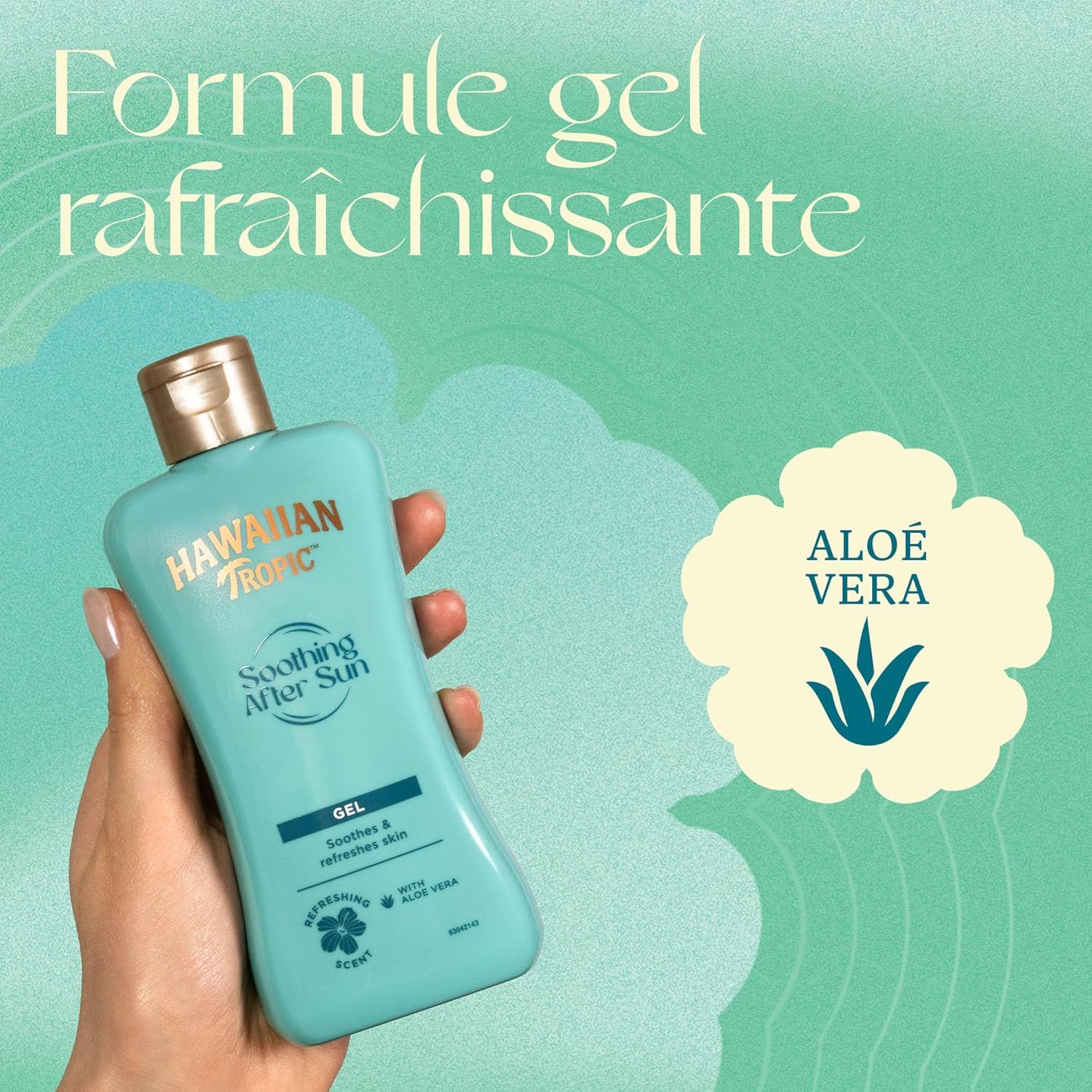 Flacon turquoise Hawaiian Tropic Soothing After Sun Gel à l'aloe vera. Formule gel rafraîchissante.
