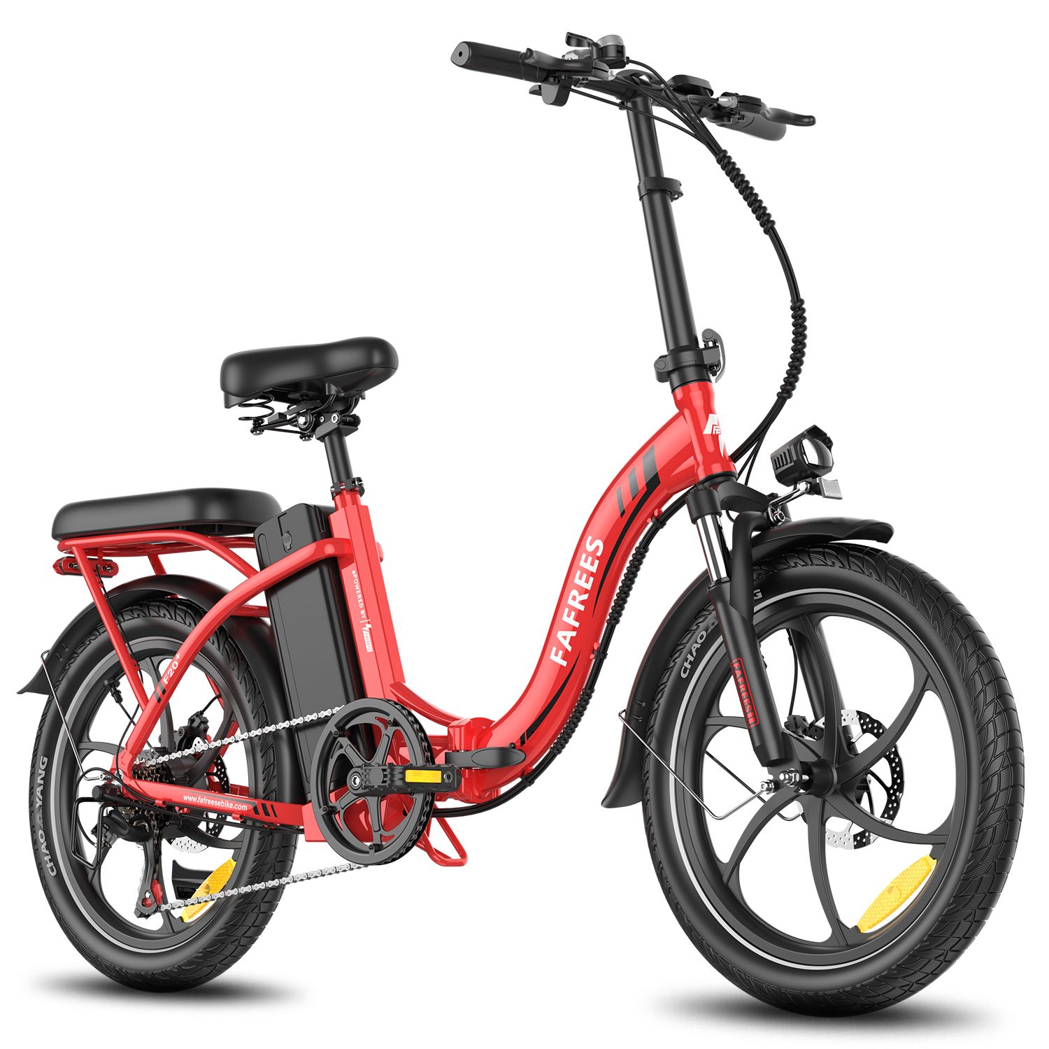 Rode Fafrees F20+ opvouwbare e-bike. Zwarte banden, zadel en accu. Merk zichtbaar.