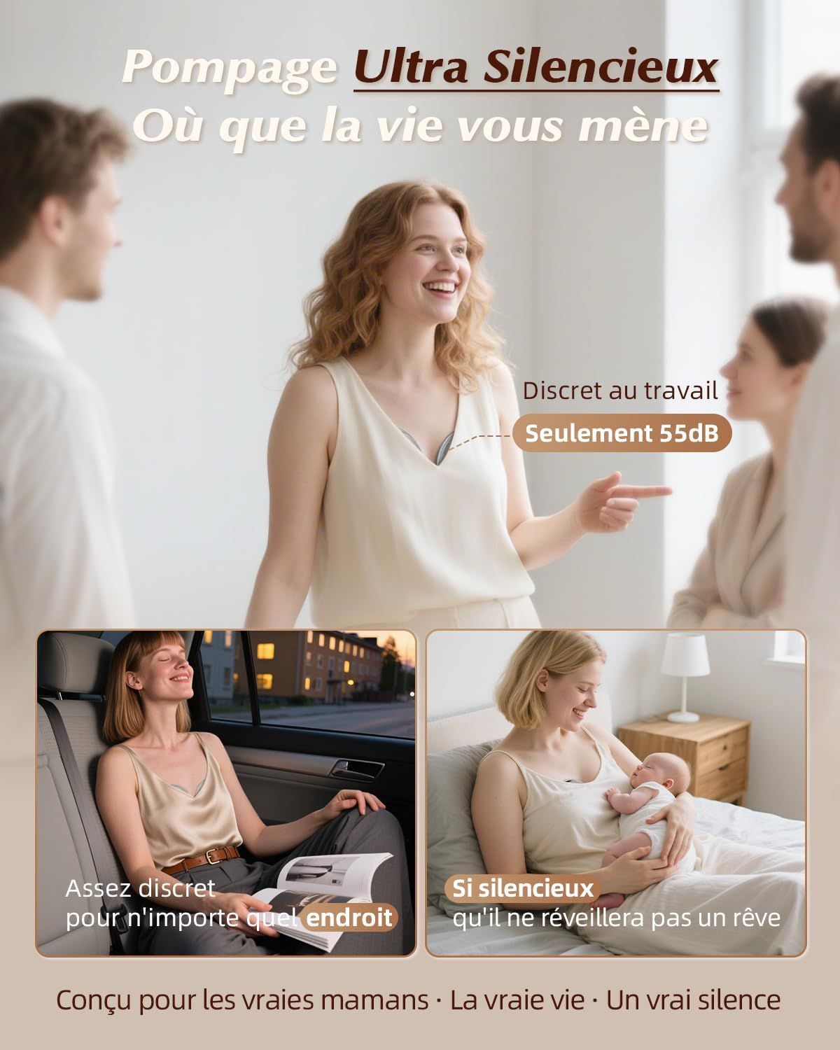 Femme souriante parlant à deux personnes. Texte : "Ultra Silencieux" et "Seulement 55dB".