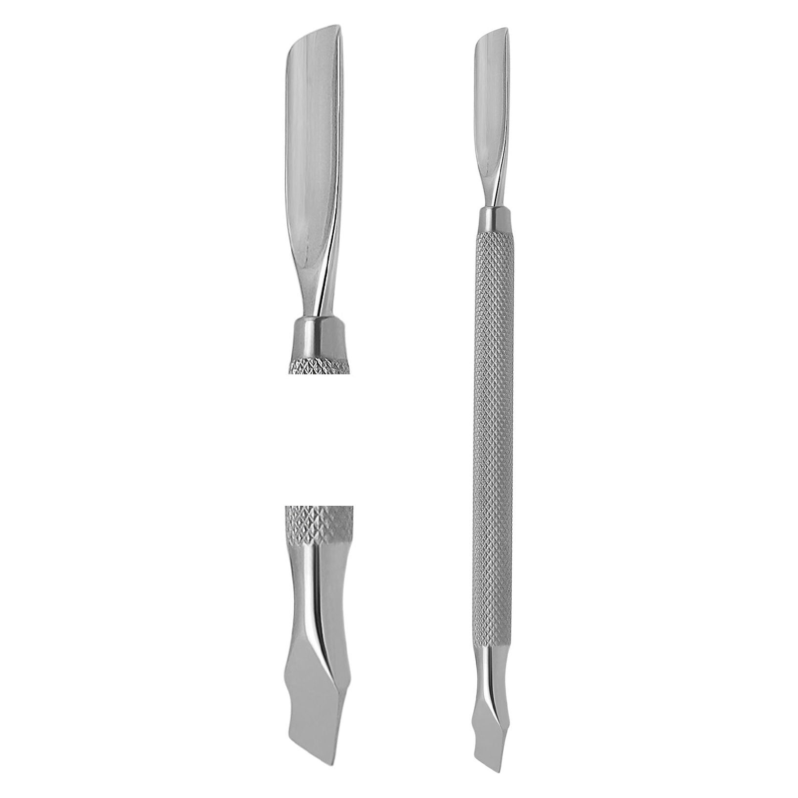 Metalen nagelriemschuiver. Dubbelzijdig, met gekartelde handgreep. Bovenkant met afgerond blad, onderkant puntig. Twee losse onderdelen.