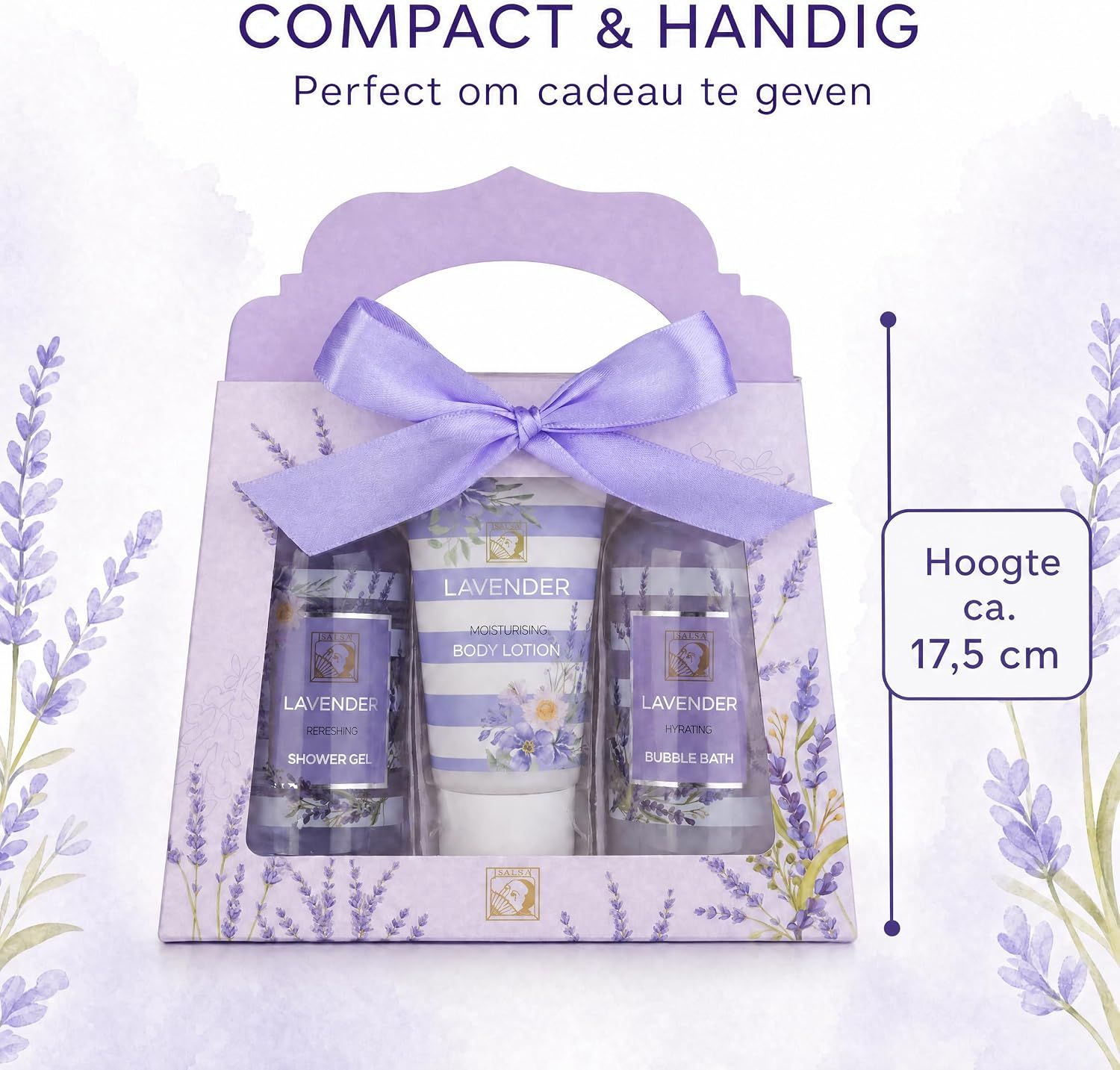 Lavendel geschenkset met bodylotion, douchegel en badschuim in paarse verpakking.