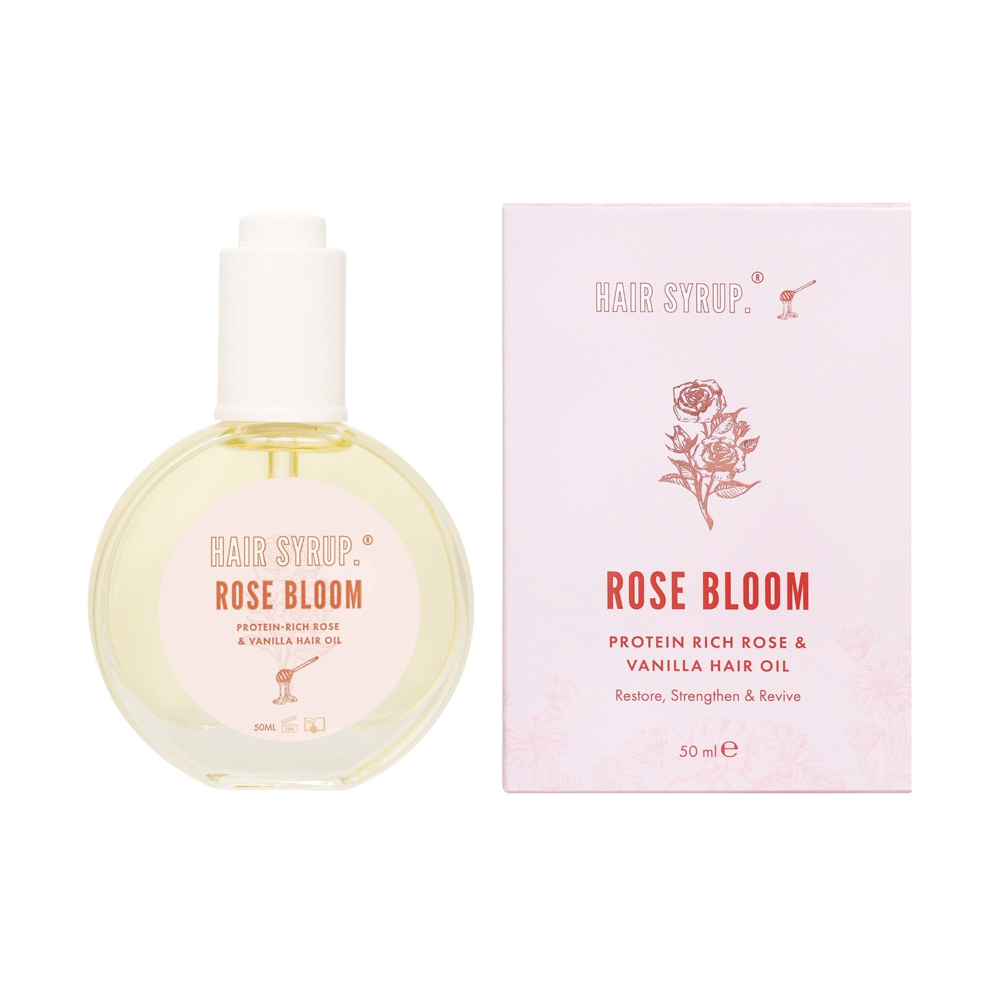Ronde fles en doos. Opschrift: Hair Syrup Rose Bloom. Eiwitrijke rozen- en vanille-haarolie. 50 ml.