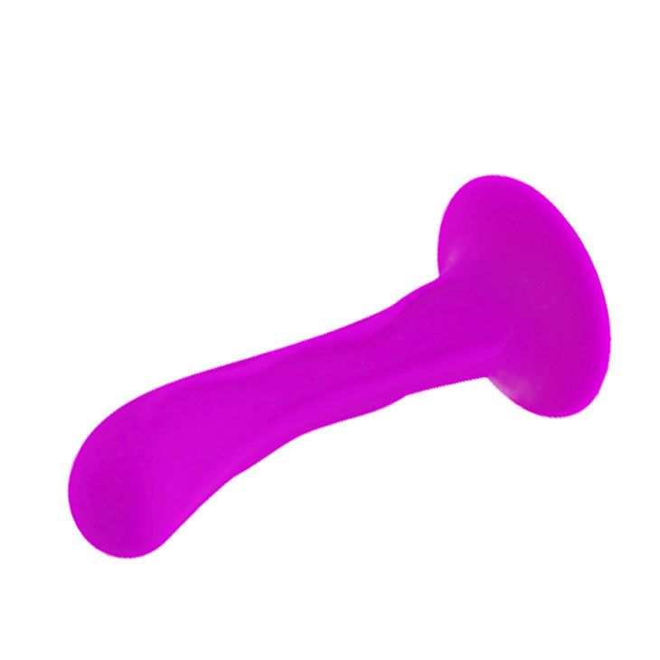 Paarse dildo met brede basis, schuin van bovenaf gezien. De golvende textuur is zichtbaar op het oppervlak.