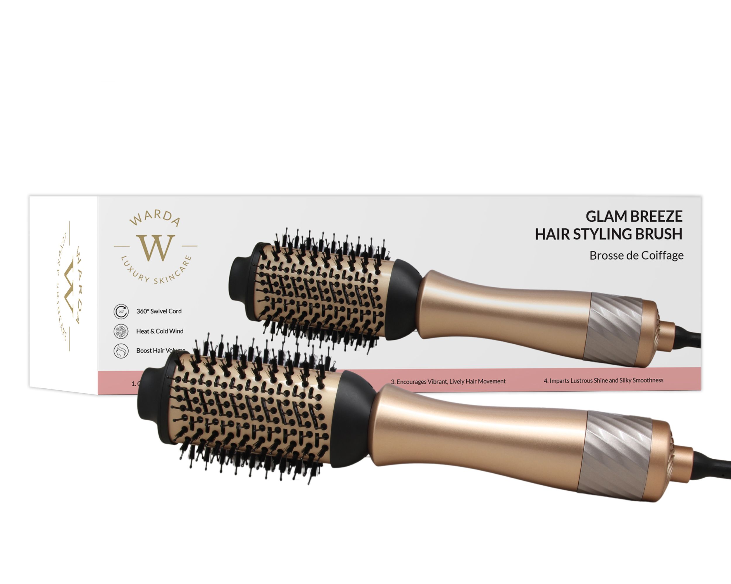 Twee haarstylingborstels met gouden handvatten en zwarte borstelkoppen. Merk: Warda Skincare. Tekst: Glam Breeze, 360° draaibaar snoer.