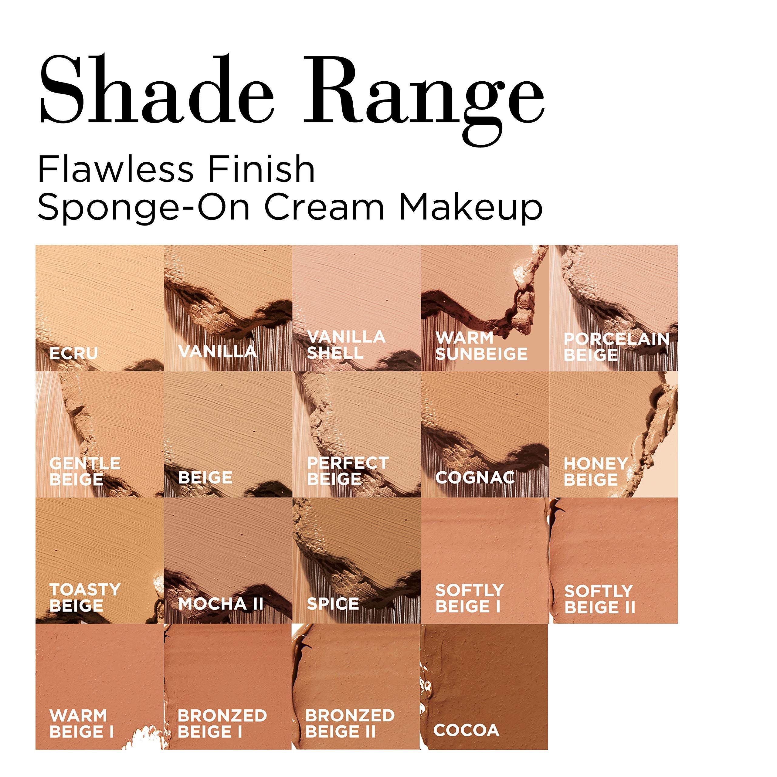 Kleurenpalet voor 'Flawless Finish Sponge-On Cream Makeup' met 16 huidtinten van ecru tot cacao.