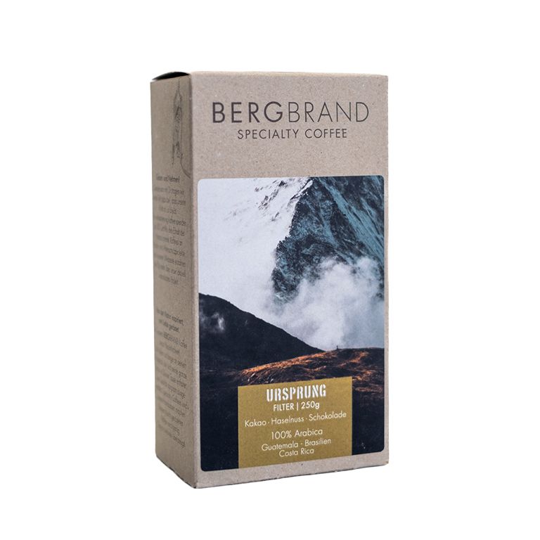 Paquet de café. Texte: BERGBRAND, Specialty Coffee. Ursprung, Filter, 250g, cacao, noisette, chocolat, 100% Arabica, Guatemala, Brésil, Costa Rica.