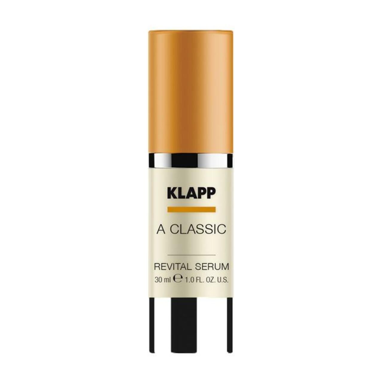 Bruine en zilveren serumfles. Opschrift: Klapp, A Classic, Revital Serum. 30 ml.