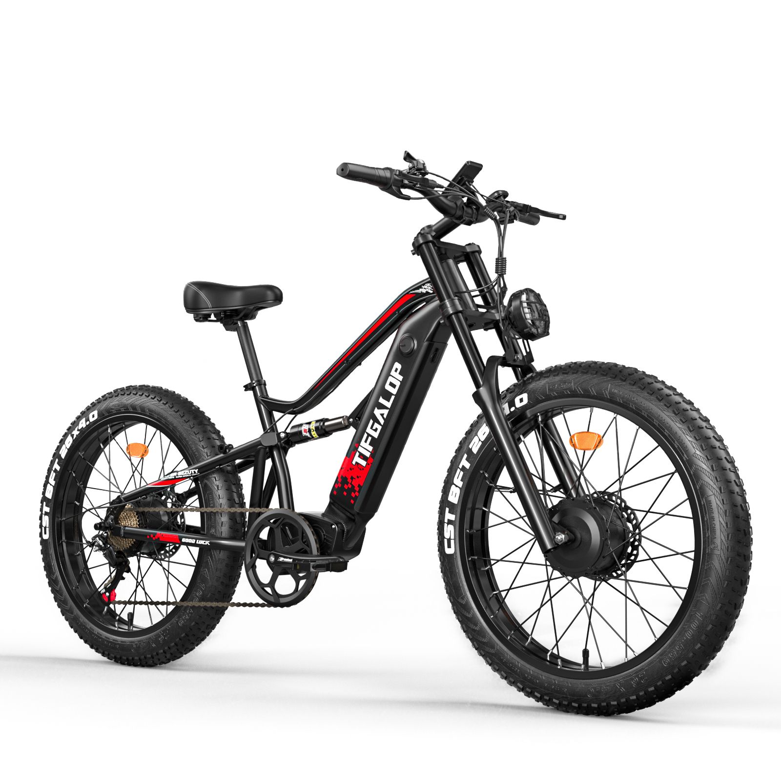 Vélo électrique noir TIFGALOP. Gros pneus, porte-bagages et phare avant.