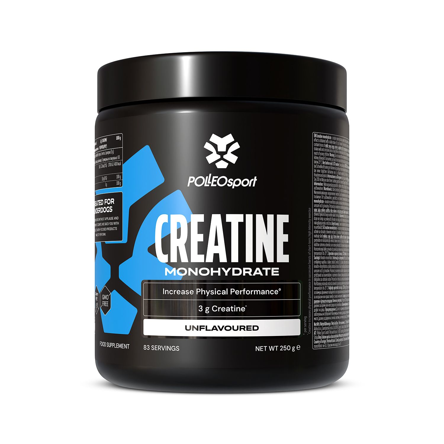 Zwarte container met blauw etiket. Opschrift: Creatine Monohydrate, 3g Creatine. Unflavored. 63 porties. Merk: PolleoSport.