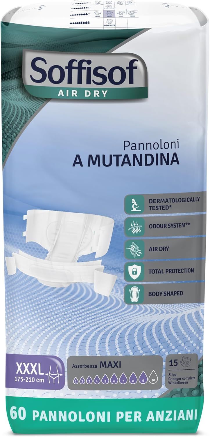 Soffisof Air Dry Maxi voor volwassenen. Verpakking met 60 luiers, maat XXXL. Dermatologisch getest.