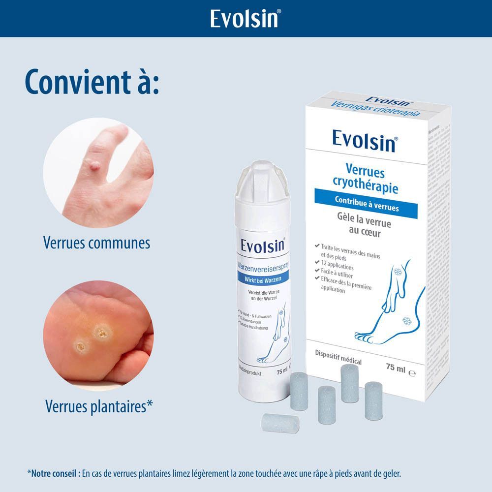 Boîte et spray Evolsin. Texte : efficace, stérile, hygiénique, simple.