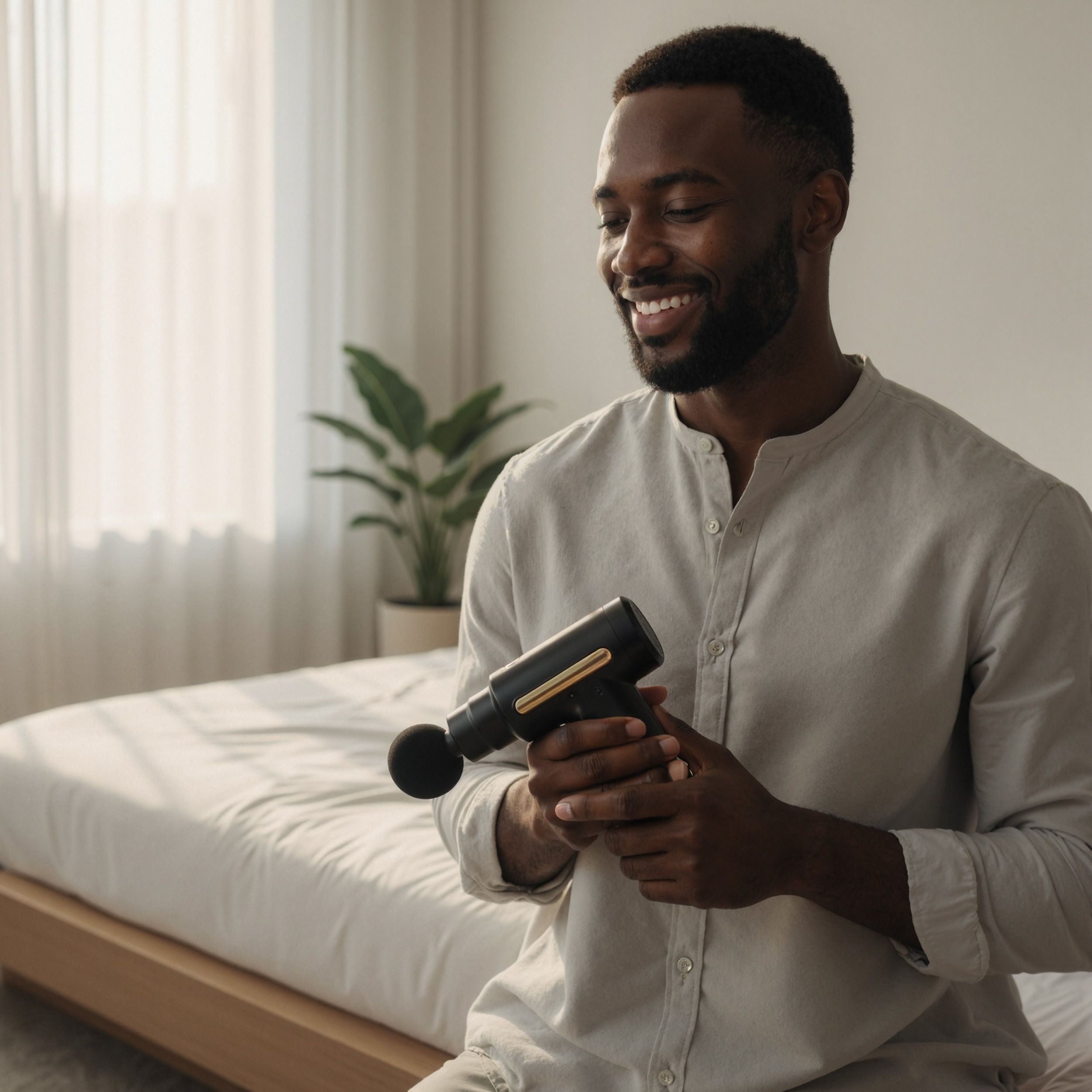 Appareil de massage noir avec des accents dorés. L'homme tient l'appareil. Lit en arrière-plan.
