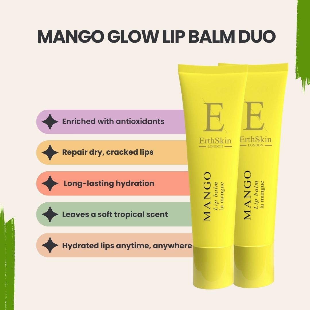 Twee gele lippenbalsemtubes. Opschrift: Mango, ErthSkin London. Tekstvakken met productvoordelen.
