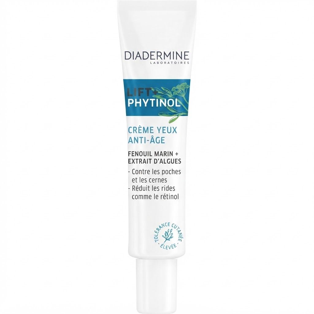 Tube Diadermine Lift+ Phytinol Crème Yeux Anti-Âge avec extraits de fenouil marin et d'algues.