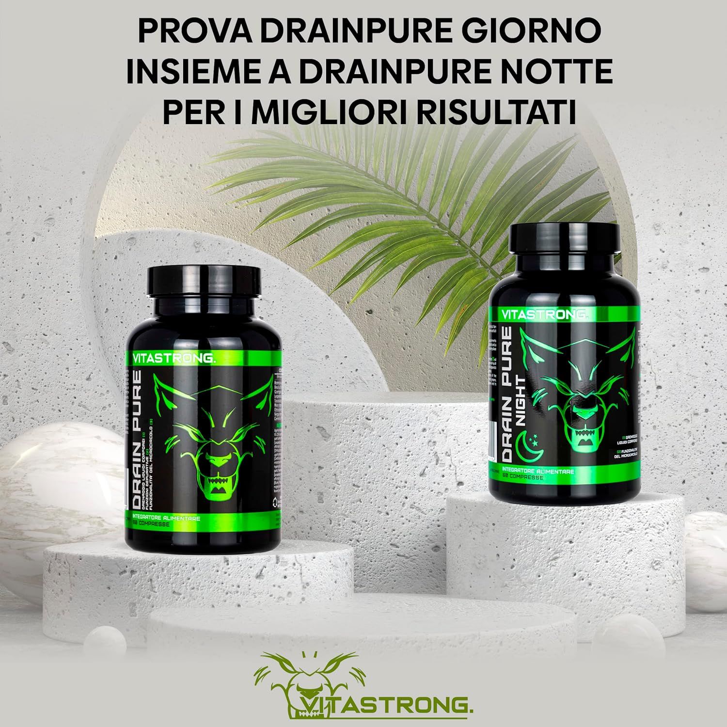 Vitastrong Drainpure, 60 comprimés. Deux bouteilles. Bouteilles noires avec étiquette verte. Logo de loup. Inscription : Drain Pure.