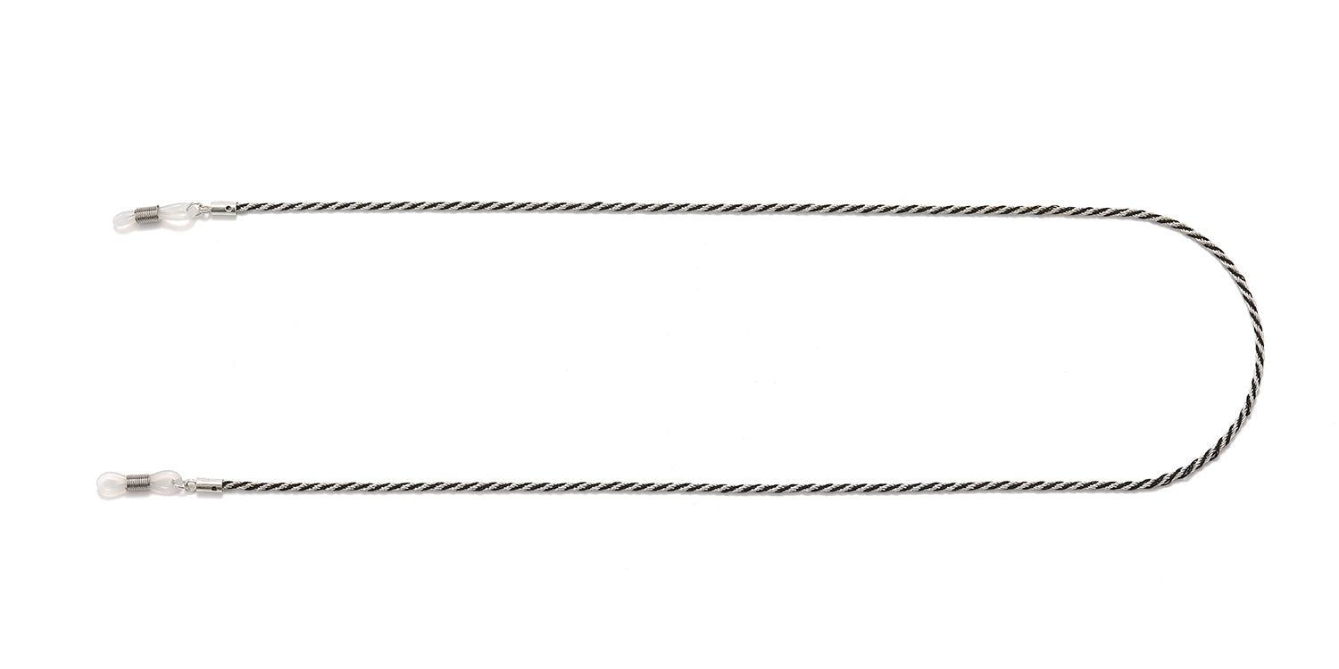 Brillenketting, gevlochten patroon, zilver en zwart. Transparante lussen voor bevestiging aan brillenpoten.